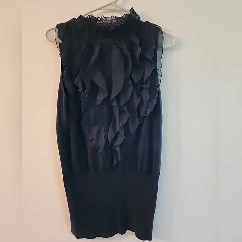 Tracy M Mock Neck Sleeveless Black Top With Frills On Front